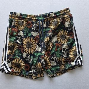 No Boundaries Floral Skull Athletic Shorts - Black, Gold, Green, Orange